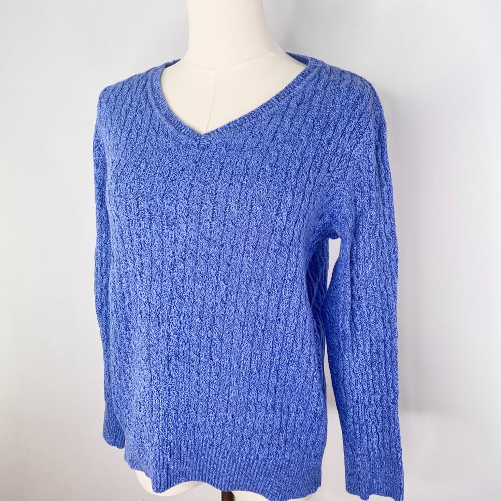 Karen Scott  - 100% Cotton blue cable knit v-neck sweater